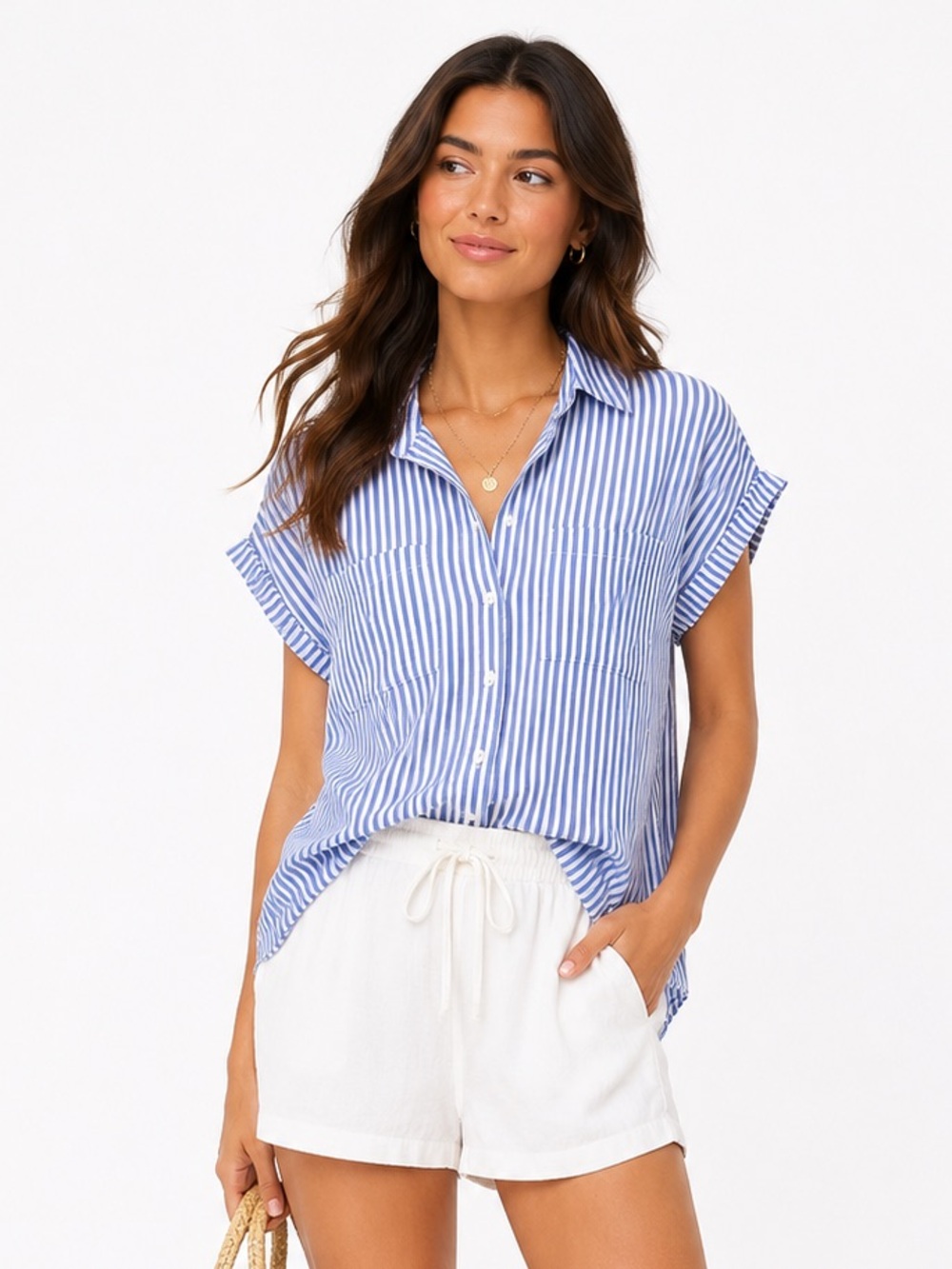 BeachLunchLounge Blue White Coastal Stripe Button Front Camp Shirt Size Small